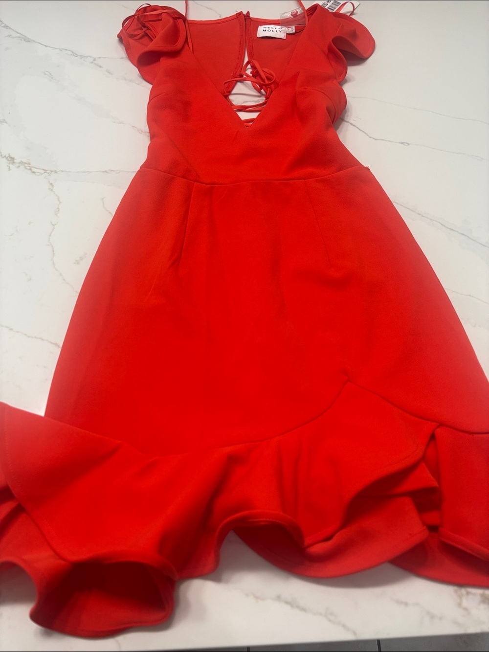 Hello Molly Red Lace-Up Backless Ruffle Hem Mini Dress - Picture 3 of 11